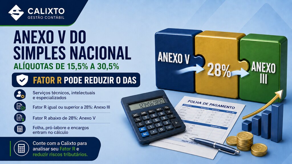 Infográfico da Calixto Gestão Contábil sobre o Anexo V do Simples Nacional 2026, com alíquotas de 15,5% a 30,5% e o Fator R de 28% levando ao Anexo III