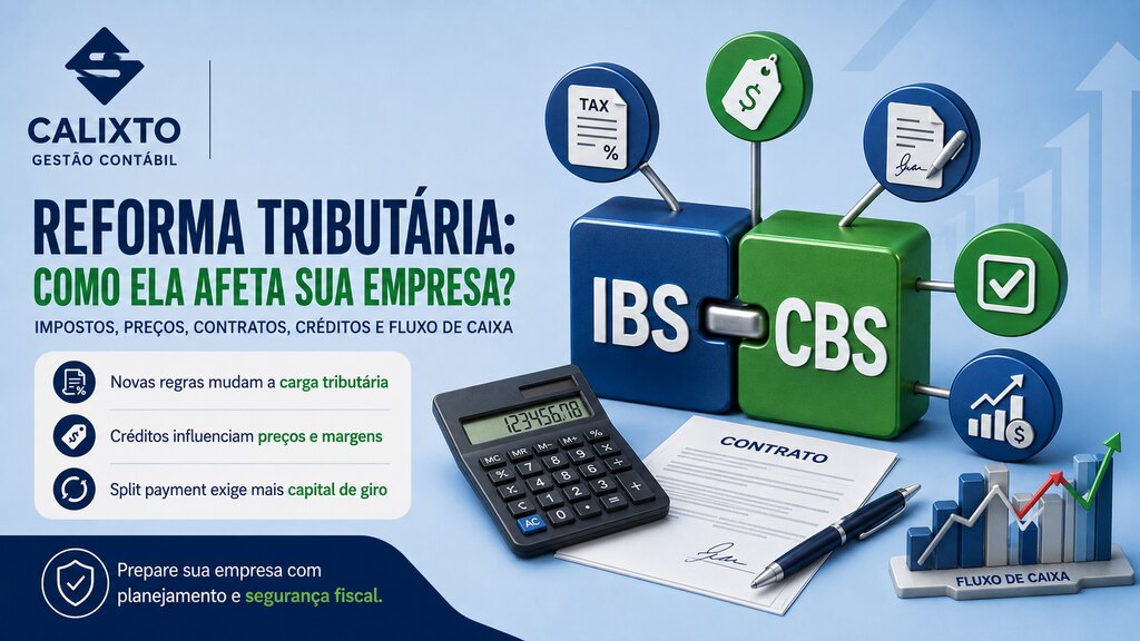 Infográfico da Calixto Gestão Contábil sobre os impactos da Reforma Tributária nas empresas: IBS, CBS, créditos, preços, contratos e fluxo de caixa