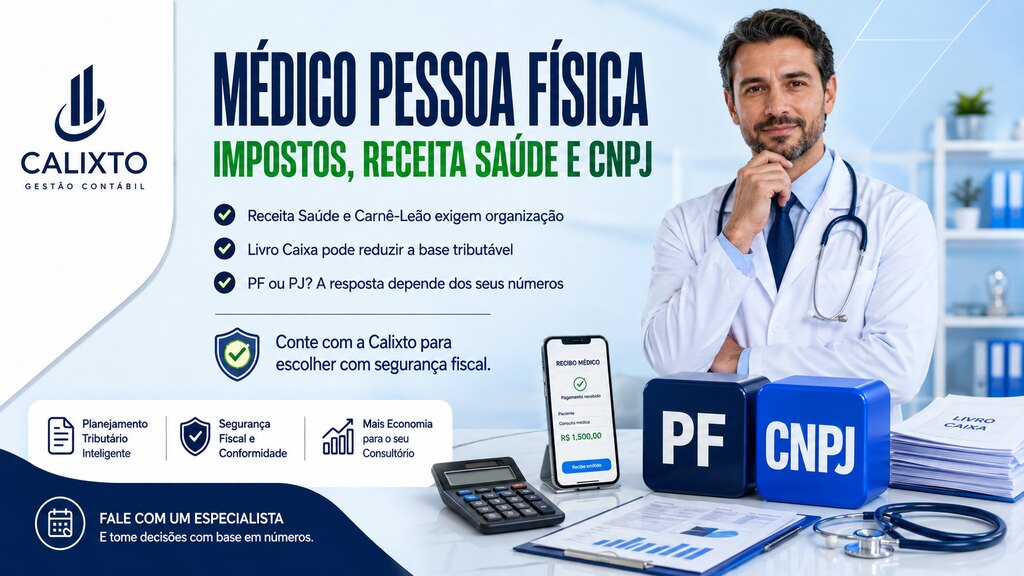 Infográfico da Calixto Gestão Contábil sobre o médico pessoa física: impostos, Receita Saúde, Livro Caixa e a decisão entre atuar como PF ou abrir um CNPJ