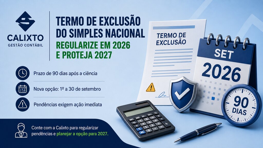Infográfico da Calixto Gestão Contábil sobre o Termo de Exclusão do Simples Nacional 2026, com o prazo de 90 dias e a opção de setembro para 2027